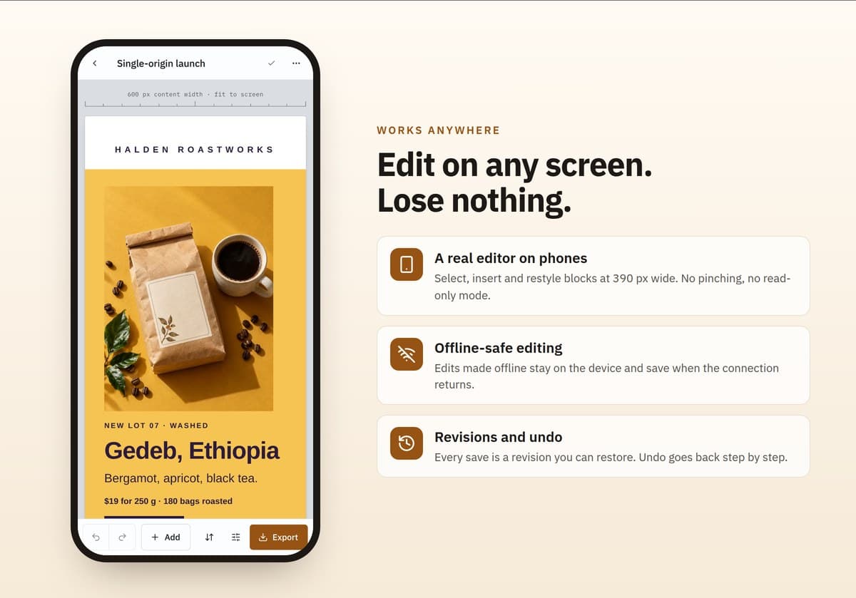 Edit on phones, offline-safe editing and revision history