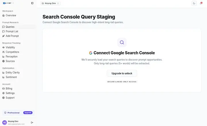 PromptRank Google Search Console property query selection panel displaying long-tail keywords