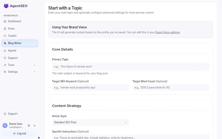 AgentSEO Blog Writer tool configuration panel showing creative brief settings