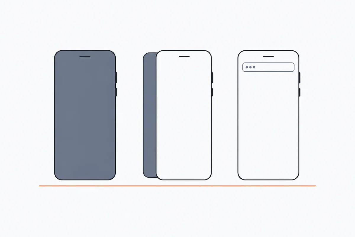 Flat vector illustration of three phone outlines in the same line style: one solid, one showing two overlapping panels, one framing a browser window, over a thin burnt orange baseline