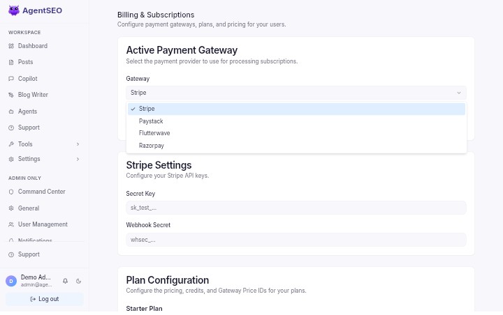 SaaS admin billing dashboard setup