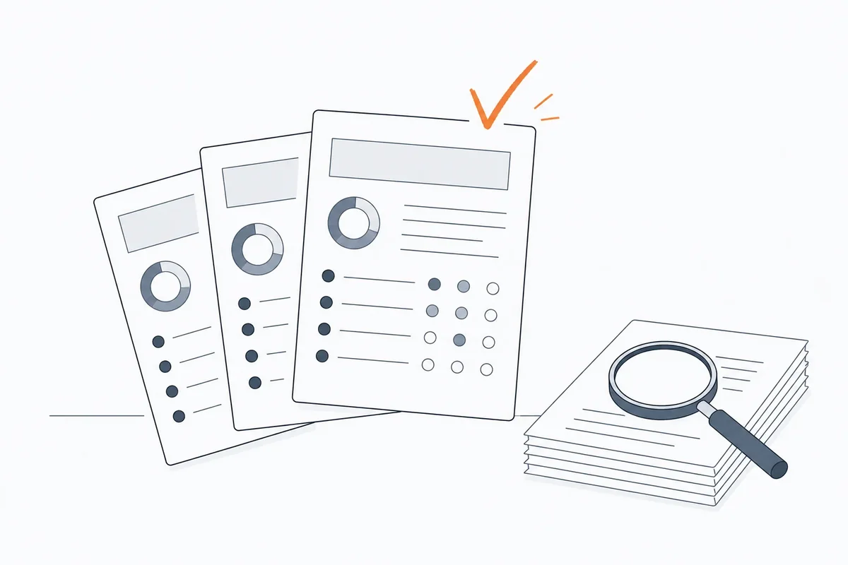Flat vector illustration of three unlabelled vendor scorecards fanned out on a desk with one lifted by a checkmark, beside a magnifying glass on a stack of paper