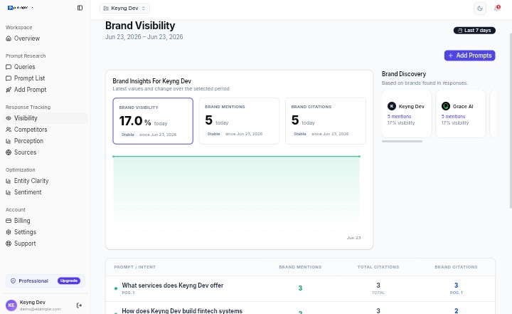 PromptRank brand visibility dashboard showing visibility percentage, brand mentions, and citations per prompt