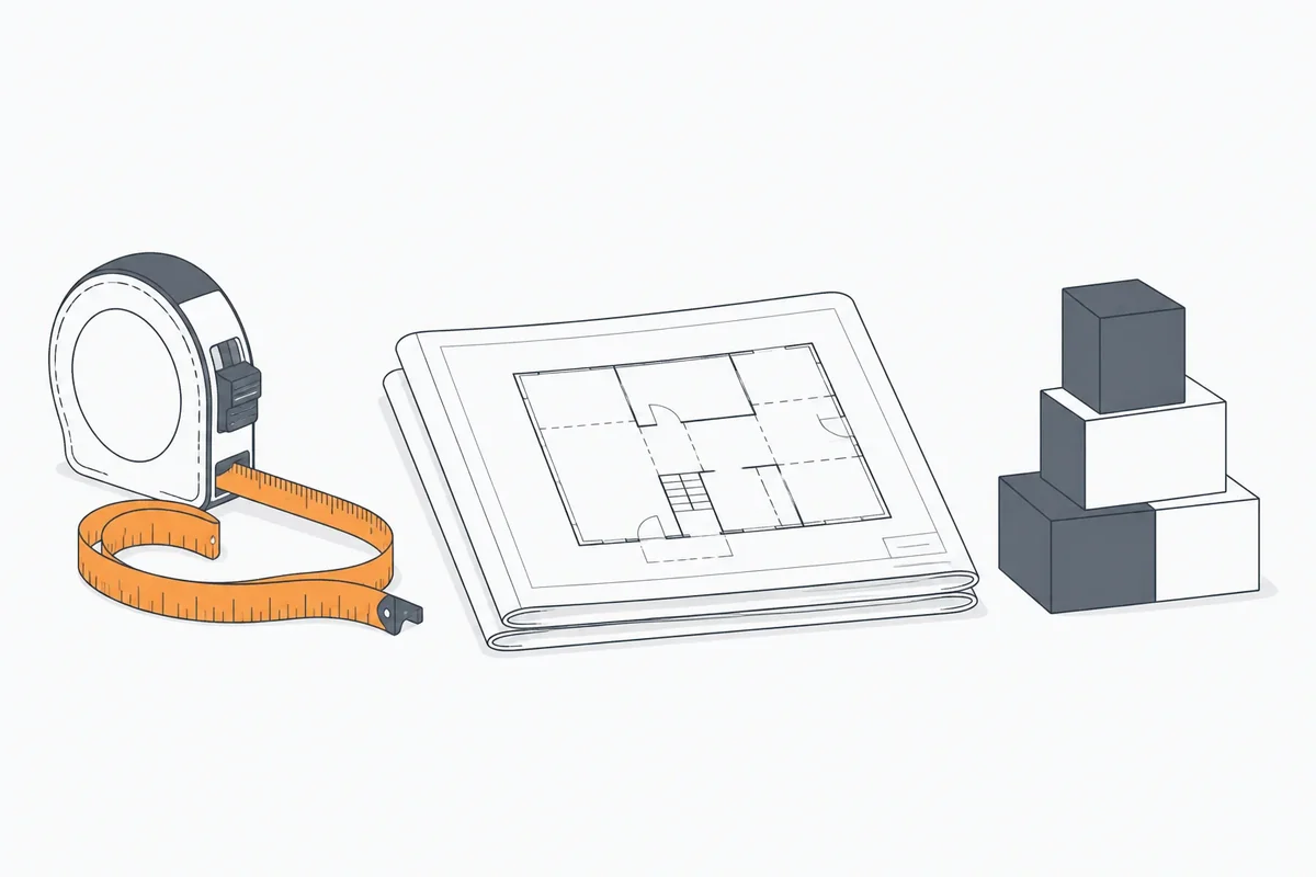 Flat vector illustration of a measuring tape, a folded blueprint, and stacked blocks, showing measurement and planning before construction