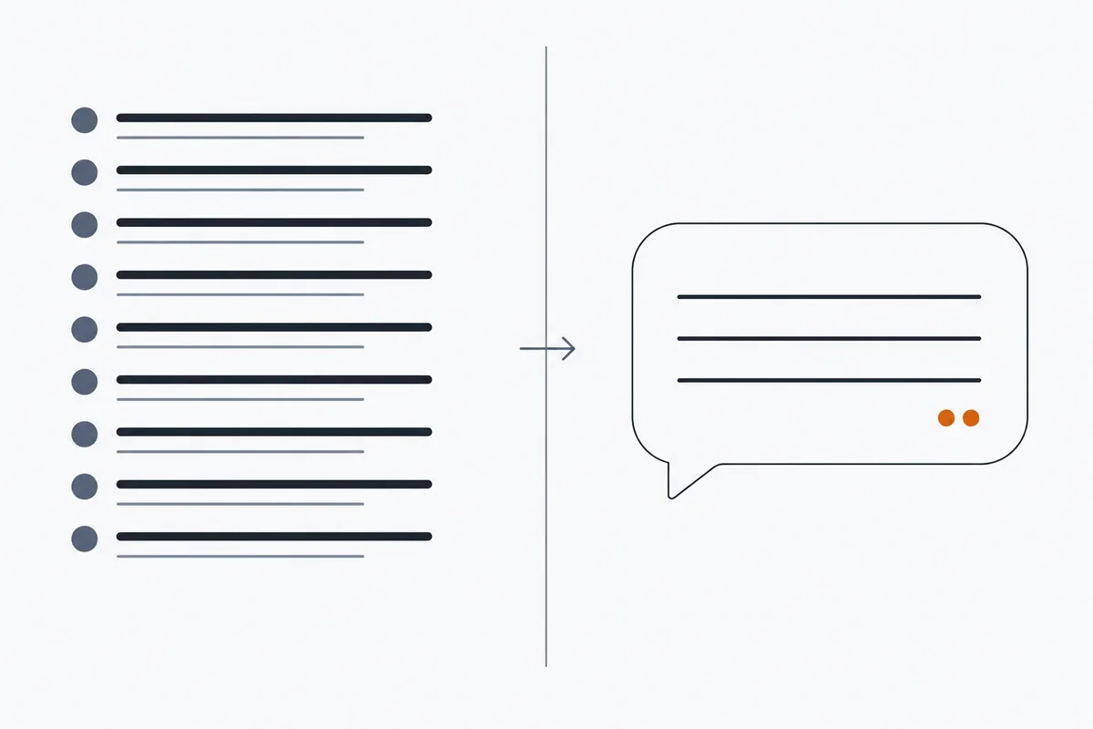 Flat vector illustration contrasting a numbered list of ten ranked result bars on the left with a single answer bubble carrying two citation markers on the right
