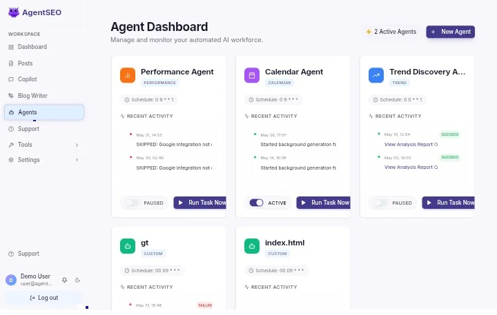 AgentSEO agents screen showing autonomous background agents with their run status and logs
