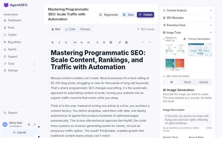 AgentSEO draft editor showing a generated article open for human review and modification before publishing