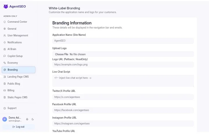 AgentSEO admin branding screen showing logo upload, application name, and colour configuration for white-label deployment