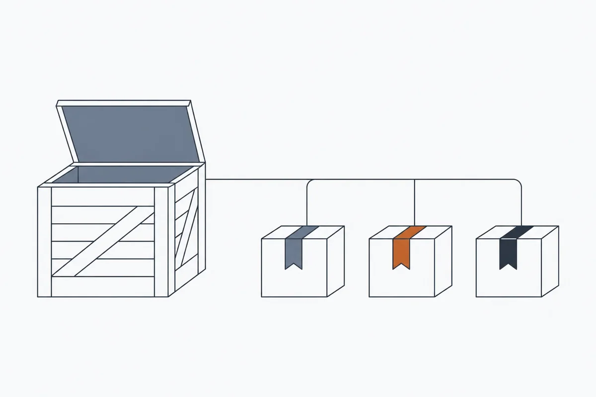 Flat vector illustration of one open shipping crate connected by thin lines to three identical smaller boxes, each carrying a different plain ribbon, one in burnt orange