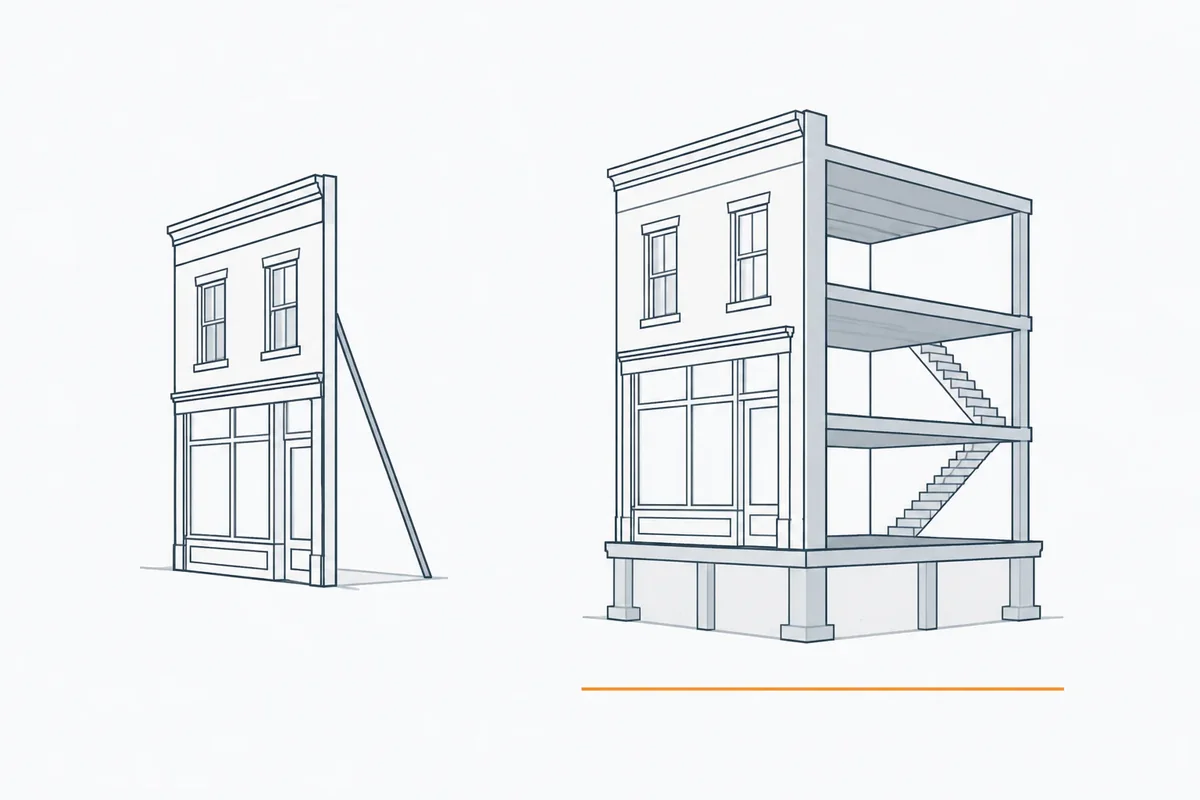 Flat vector illustration comparing a hollow propped-up storefront panel on the left with a complete building drawn in the same line style on the right